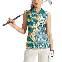 Hawaiian Plumeria Lei Women Sleeveless Polo Shirt Kakau Motifs and Palaka Half Style Turquoise Color LT03 - Polynesian Pride