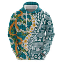Hawaiian Plumeria Lei Zip Hoodie Kakau Motifs and Palaka Half Style Turquoise Color LT03 - Polynesian Pride