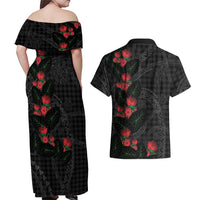 Hawaiian Kakau Art Couples Matching Off Shoulder Maxi Dress and Hawaiian Shirt Taro Leaves with Ohia Lehua and Pakala Pattern LT03 - Polynesian Pride