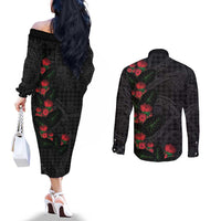 Hawaiian Kakau Art Couples Matching Off The Shoulder Long Sleeve Dress and Long Sleeve Button Shirt Taro Leaves with Ohia Lehua and Pakala Pattern LT03 - Polynesian Pride