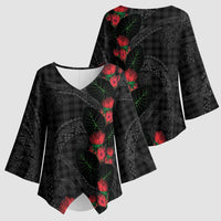 Hawaiian Kakau Art Kimono Sleeve Blouse Taro Leaves with Ohia Lehua and Pakala Pattern LT03 - Polynesian Pride