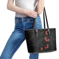 Hawaiian Kakau Art Leather Tote Bag Taro Leaves with Ohia Lehua and Pakala Pattern - Polynesian Pride