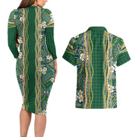 Hawaiian Art Flower Tribal with Lei Couples Matching Long Sleeve Bodycon Dress and Hawaiian Shirt Palaka Pattern Green Color LT03 - Polynesian Pride