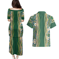 Hawaiian Art Flower Tribal with Lei Couples Matching Puletasi and Hawaiian Shirt Palaka Pattern Green Color - Polynesian Pride