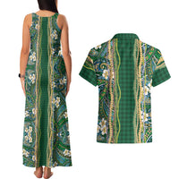 Hawaiian Art Flower Tribal with Lei Couples Matching Tank Maxi Dress and Hawaiian Shirt Palaka Pattern Green Color LT03 - Polynesian Pride