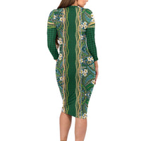 Hawaiian Art Flower Tribal with Lei Family Matching Long Sleeve Bodycon Dress and Hawaiian Shirt Palaka Pattern Green Color LT03 - Polynesian Pride