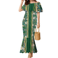 Hawaiian Art Flower Tribal with Lei Family Matching Mermaid Dress and Hawaiian Shirt Palaka Pattern Green Color LT03 Mom's Dress Green - Polynesian Pride