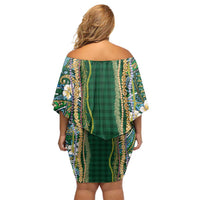 Hawaiian Art Flower Tribal with Lei Family Matching Off Shoulder Short Dress and Hawaiian Shirt Palaka Pattern Green Color LT03 - Polynesian Pride
