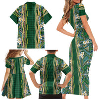 Hawaiian Art Flower Tribal with Lei Family Matching Short Sleeve Bodycon Dress and Hawaiian Shirt Palaka Pattern Green Color LT03 - Polynesian Pride