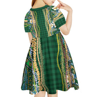 Hawaiian Art Flower Tribal with Lei Kid Short Sleeve Dress Palaka Pattern Green Color - Polynesian Pride