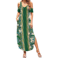 Hawaiian Art Flower Tribal with Lei Summer Maxi Dress Palaka Pattern Green Color - Polynesian Pride