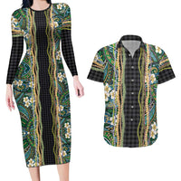 Hawaiian Art Flower Tribal with Lei Couples Matching Long Sleeve Bodycon Dress and Hawaiian Shirt Palaka Pattern Black Color LT03 Black - Polynesian Pride