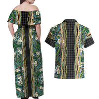 Hawaiian Art Flower Tribal with Lei Couples Matching Off Shoulder Maxi Dress and Hawaiian Shirt Palaka Pattern Black Color - Polynesian Pride