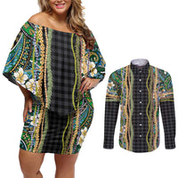 Hawaiian Art Flower Tribal with Lei Couples Matching Off Shoulder Short Dress and Long Sleeve Button Shirt Palaka Pattern Black Color - Polynesian Pride
