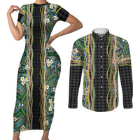 Hawaiian Art Flower Tribal with Lei Couples Matching Short Sleeve Bodycon Dress and Long Sleeve Button Shirt Palaka Pattern Black Color - Polynesian Pride
