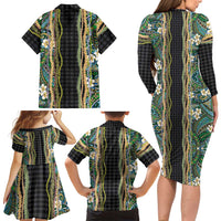 Hawaiian Art Flower Tribal with Lei Family Matching Long Sleeve Bodycon Dress and Hawaiian Shirt Palaka Pattern Black Color LT03 - Polynesian Pride