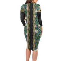 Hawaiian Art Flower Tribal with Lei Family Matching Long Sleeve Bodycon Dress and Hawaiian Shirt Palaka Pattern Black Color LT03 - Polynesian Pride