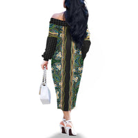 Hawaiian Art Flower Tribal with Lei Family Matching Off The Shoulder Long Sleeve Dress and Hawaiian Shirt Palaka Pattern Black Color LT03 - Polynesian Pride