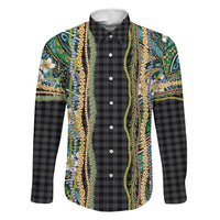 Hawaiian Art Flower Tribal with Lei Family Matching Off Shoulder Maxi Dress and Hawaiian Shirt Palaka Pattern Black Color LT03 Dad's Shirt - Long Sleeve Black - Polynesian Pride