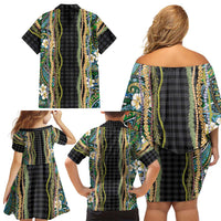 Hawaiian Art Flower Tribal with Lei Family Matching Off Shoulder Short Dress and Hawaiian Shirt Palaka Pattern Black Color LT03 - Polynesian Pride