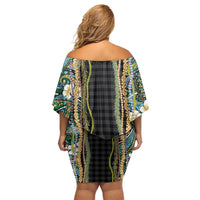 Hawaiian Art Flower Tribal with Lei Family Matching Off Shoulder Short Dress and Hawaiian Shirt Palaka Pattern Black Color LT03 - Polynesian Pride