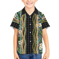 Hawaiian Art Flower Tribal with Lei Family Matching Short Sleeve Bodycon Dress and Hawaiian Shirt Palaka Pattern Black Color LT03 Son's Shirt Black - Polynesian Pride