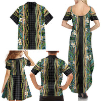 Hawaiian Art Flower Tribal with Lei Family Matching Summer Maxi Dress and Hawaiian Shirt Palaka Pattern Black Color LT03 - Polynesian Pride