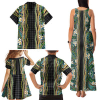 Hawaiian Art Flower Tribal with Lei Family Matching Tank Maxi Dress and Hawaiian Shirt Palaka Pattern Black Color LT03 - Polynesian Pride