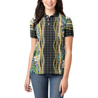 Hawaiian Art Flower Tribal with Lei Women Polo Shirt Palaka Pattern Black Color - Polynesian Pride