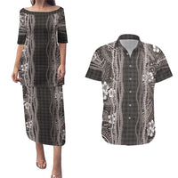Hawaiian Art Flower Tribal with Lei Couples Matching Puletasi and Hawaiian Shirt Palaka Pattern Grayscale - Polynesian Pride