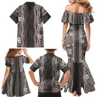 Hawaiian Art Flower Tribal with Lei Family Matching Mermaid Dress and Hawaiian Shirt Palaka Pattern Grayscale LT03 - Polynesian Pride