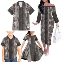 Hawaiian Art Flower Tribal with Lei Family Matching Off The Shoulder Long Sleeve Dress and Hawaiian Shirt Palaka Pattern Grayscale LT03 - Polynesian Pride