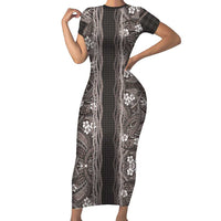 Hawaiian Art Flower Tribal with Lei Family Matching Short Sleeve Bodycon Dress and Hawaiian Shirt Palaka Pattern Grayscale LT03 Mom's Dress Gray - Polynesian Pride