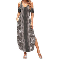 Hawaiian Art Flower Tribal with Lei Summer Maxi Dress Palaka Pattern Grayscale - Polynesian Pride