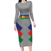 Custom New Caledonia-The Kagus Family Matching Long Sleeve Bodycon Dress and Hawaiian Shirt LT03 Mom's Dress Gray - Polynesian Pride