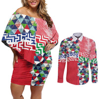 Hawaiian Floral Kakau Tropical Leaves-Sporty Style Couples Matching Off Shoulder Short Dress and Long Sleeve Button Shirt