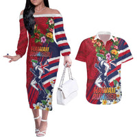 Hawaii Runner-Kakau Art with Lei and Plumeria Couples Matching Off The Shoulder Long Sleeve Dress and Hawaiian Shirt LT03 Red-Blue - Polynesian Pride