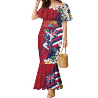 Hawaii Runner-Kakau Art with Lei and Plumeria Family Matching Mermaid Dress and Hawaiian Shirt LT03 Mom's Dress Red-Blue - Polynesian Pride