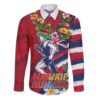 Hawaii Runner-Kakau Art with Lei and Plumeria Family Matching Off Shoulder Maxi Dress and Hawaiian Shirt LT03 Dad's Shirt - Long Sleeve Red-Blue - Polynesian Pride