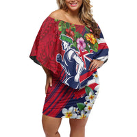 Hawaii Runner-Kakau Art with Lei and Plumeria Family Matching Off Shoulder Short Dress and Hawaiian Shirt LT03 Mom's Dress Red-Blue - Polynesian Pride