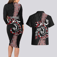 Aotearoa Toitu Te Tiriti Taniko Couples Matching Long Sleeve Bodycon Dress and Hawaiian Shirt Maori Taniwha Haka - Honour the Treaty LT03 - Polynesian Pride