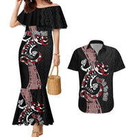 Aotearoa Toitu Te Tiriti Taniko Couples Matching Mermaid Dress and Hawaiian Shirt Maori Taniwha Haka - Honour the Treaty LT03 Black - Polynesian Pride