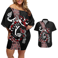 Aotearoa Toitu Te Tiriti Taniko Couples Matching Off Shoulder Short Dress and Hawaiian Shirt Maori Taniwha Haka - Honour the Treaty LT03 Black - Polynesian Pride