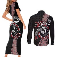Aotearoa Toitu Te Tiriti Taniko Couples Matching Short Sleeve Bodycon Dress and Long Sleeve Button Shirt Maori Taniwha Haka - Honour the Treaty LT03 - Polynesian Pride