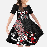 Aotearoa Toitu Te Tiriti Taniko Family Matching Long Sleeve Bodycon Dress and Hawaiian Shirt Maori Taniwha Haka - Honour the Treaty LT03 Daughter's Dress Black - Polynesian Pride
