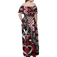 Aotearoa Maori Moko Art with Taniko Half Style Family Matching Off Shoulder Maxi Dress and Hawaiian Shirt LT03 - Polynesian Pride
