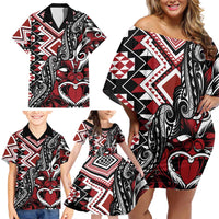 Aotearoa Maori Moko Art with Taniko Half Style Family Matching Off Shoulder Short Dress and Hawaiian Shirt LT03 - Polynesian Pride