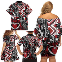 Aotearoa Maori Moko Art with Taniko Half Style Family Matching Off Shoulder Short Dress and Hawaiian Shirt LT03 - Polynesian Pride