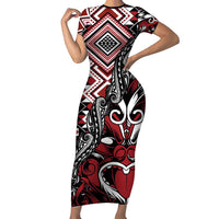 Aotearoa Maori Moko Art with Taniko Half Style Family Matching Short Sleeve Bodycon Dress and Hawaiian Shirt LT03 Mom's Dress Black - Polynesian Pride