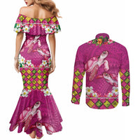 Hawaiian Lei Turtle and Plumeria Couples Matching Mermaid Dress and Long Sleeve Button Shirt Polynerian Art Tattoo-Plum Pink Color LT03 - Polynesian Pride
